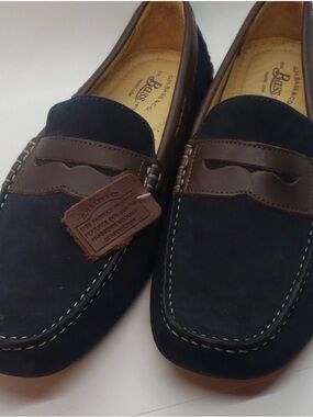 Bass Men's Navy Suede and Brown Leather Penny Loafers